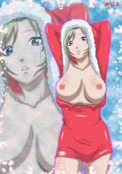 Rule 34 | 1girl, blonde hair, breasts, breasts out, gintama, green hair, highres, large breasts, looking at viewer, nipples, parted lips, purple eyes, santa costume, short hair, solo, standing, tsukuyo (gintama)