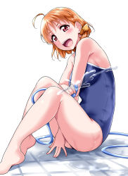 Rule 34 | 1girl, :d, antenna hair, arm between legs, ass, bare arms, bare legs, barefoot, bow, braid, breasts, hair bow, highres, hose, knees up, looking at viewer, love live!, love live! sunshine!!, medium breasts, medium hair, nail polish, one-piece swimsuit, open mouth, orange hair, red eyes, sideboob, simple background, sitting, sleeveless, smile, solo, swimsuit, takami chika, teeth, upper teeth only, water, white background, yellow bow, yopparai oni