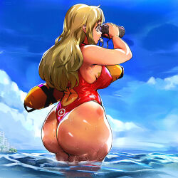 Rule 34 | 1girl, ass, back cutout, bad anatomy, binoculars, blue sky, breasts, brown hair, clothing cutout, cloud, cloudy sky, competition swimsuit, condom, condom in clothes, condom wrapper, covered erect nipples, cowboy shot, curvy, from behind, highres, holding, holding binoculars, huge ass, k-on!, keigi, kotobuki tsumugi, large breasts, lifeguard, long hair, mismatched eyebrows, mole, mole on ass, ocean, one-piece swimsuit, plump, red one-piece swimsuit, sky, solo, surfboard, swimsuit, tan, thick eyebrows, wading, wet, wet clothes, wet swimsuit, whistle