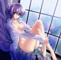 Rule 34 | 1girl, absurdres, blue eyes, bottomless, breasts, carnelian, cleavage, covered erect nipples, dress shirt, eyebrows, feet, flower, hair between eyes, highres, hugging own legs, hydrangea, knees up, legs, long legs, long sleeves, naked shirt, no bra, no panties, open clothes, open shirt, original, purple hair, rain, scan, see-through, shirt, short hair, sitting, smile, solo, thighs, toes, wet, wet clothes, window
