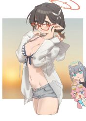 Rule 34 | 3girls, animal ear fluff, animal ears, ayane (blue archive), ayane (swimsuit) (blue archive), bikini, black hair, blue archive, blush, breasts, brown eyes, cleavage, cropped legs, denim, denim shorts, glasses, grey hair, hair between eyes, hair ornament, halo, heterochromia, highres, hoshino (blue archive), hoshino (swimsuit) (blue archive), jacket, looking at viewer, medium breasts, multiple girls, nemo (leafnight), open clothes, open jacket, outside border, poi, shiroko (blue archive), shiroko (swimsuit) (blue archive), short shorts, shorts, solo focus, swimsuit, white jacket