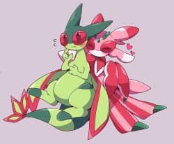 Rule 34 | 1girl, ^ ^, antennae, arthropod girl, blush, claws, closed eyes, closed mouth, colored skin, creatures (company), dragon, fang, fang out, flat chest, flygon, flying sweatdrops, full body, furry, furry female, furry with furry, game freak, gen 3 pokemon, gen 7 pokemon, hand on own chest, hands up, happy, heart, highres, lurantis, multicolored skin, nervous, nintendo, no mouth, own hands together, pink skin, pokemon, pokemon (creature), purple background, red eyes, simple background, subaru331, two-tone skin, white skin