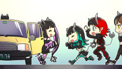 Rule 34 | 4girls, belt, black footwear, black gloves, black hair, black jacket, black legwear, black pants, black skirt, black sports bra, blue belt, blue eyes, blue hair, blunt bangs, breasts, brown hair, chain, chest belt, chibi, closed eyes, closed mouth, clothing cutout, commentary request, cropped jacket, cross-laced clothes, cross-laced pants, cross-laced sleeves, demon girl, demon horns, demon tail, ear piercing, engacyo (engacyo39800yen), fang, fishnet legwear, fishnets, full body, gloves, grey skirt, highres, horns, jacket, kojo anna, kojo anna (1st costume), large breasts, layered skirt, long hair, long sleeves, looking at another, midriff, mikeneko nanashi, multicolored hair, multiple girls, nanashi inc., off shoulder, open clothes, open jacket, open mouth, pants, partially fingerless gloves, piercing, pointy ears, purple hair, purple legwear, red eyes, red pants, running, ryugasaki rene, ryugasaki rene (1st costume), shishio chris, shoes, shoulder cutout, single thighhigh, skin fang, skirt, small breasts, smile, sneakers, sports bra, sugar lyric, tail, taxi, thighhighs, twintails, two-tone hair, two-tone pants, underboob, virtual youtuber, walking, yellow eyes, zipper skirt