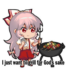 Rule 34 | 1girl, bow, can, chibi, collared shirt, commentary, cooking, energy drink, english commentary, english text, food, fujiwara no mokou, grill, grilling, hair between eyes, hair bow, holding, holding can, i just wanna grill for god&#039;s sake, jokanhiyou, kebab, long hair, lowres, meme, monster energy, puffy short sleeves, puffy sleeves, red eyes, shirt, short sleeves, shorts, simple background, smile, solo, standing, suspenders, touhou, very long hair, white background
