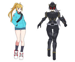 2girls armor belt black_bodysuit black_boots black_socks blackdragvisor blonde_hair blue_jacket blue_shorts bodysuit boots clenched_hand closed_mouth commentary denim denim_shorts dual_persona eidenjyou1997 eye_mask full_body genderswap genderswap_(mtf) grey_hair grey_shirt hands_in_pockets high_ponytail jacket kamen_rider kamen_rider_ryuga kamen_rider_ryuki:_episode_final kamen_rider_ryuki_(series) kneehighs long_hair looking_at_viewer mirror_shinji multiple_girls ponytail red_eyes red_shoes rider-tan rider_belt shirt shoes short_shorts shorts simple_background sneakers socks standing standing_on_one_leg straight-on v_buckle very_long_hair watch white_background wristwatch