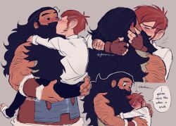Rule 34 | 2boys, bara, beard, blush, brown hair, carrying, carrying person, chilchuck tims, collage, couple, dungeon meshi, dwarf, english text, facial hair, fat, fat man, hairy, half-closed eyes, highres, kiss, long beard, long sideburns, male focus, multiple boys, mustache, paesthethyc, senshi (dungeon meshi), sideburns, size difference, thick arm hair, thick mustache, very long beard, yaoi