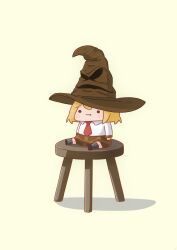 Rule 34 | 1girl, absurdres, blonde hair, brown skirt, chibi, commentary, full body, grey socks, harry potter (series), highres, hogwarts legacy, hololive, hololive english, necktie, phdpigeon, plaid, plaid skirt, pout, red necktie, shirt, simple background, sitting, skirt, smol ame, socks, solid circle eyes, solo, sorting hat, stool, virtual youtuber, watson amelia, white shirt, wizarding world, yellow background