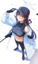 Rule 34 | 1girl, absurdres, arm up, armband, assault rifle, baseball cap, belt, black belt, black footwear, black gloves, black hair, black hat, black pants, black shirt, blue archive, blue eyes, boots, breasts, buckle, chest harness, closed mouth, coat, commentary, crop top, cross-laced footwear, full body, gloves, groin, gun, hair between eyes, halo, hand in pocket, harness, hat, highres, holding, holding clothes, holding hat, knee boots, lace-up boots, large breasts, long hair, looking at viewer, lownd, midriff, navel, no mask, off shoulder, pants, rifle, saori (blue archive), shadow, shirt, sidelocks, sig 516, sig sauer, simple background, single bare shoulder, sleeveless, sleeveless shirt, snap-fit buckle, solo, standing, taut clothes, taut shirt, underbust, weapon, white background, white coat