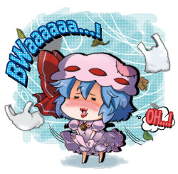 Rule 34 | 1girl, :3, :d, bad id, bad pixiv id, bag, bat wings, bloomers, blue hair, blush, bow, brooch, chibi, closed eyes, detached wings, dress, english text, female focus, hat, hat bow, jewelry, leaf, lipstick, makeup, mini person, mini wings, minigirl, noai nioshi, open mouth, plastic bag, remilia scarlet, ribbon, smile, solo, touhou, underwear, wind, wings