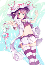 Rule 34 | 1girl, facial mark, green eyes, hat, highres, igayan, key, looking at viewer, merry nightmare, mob cap, navel, pointy ears, purple hair, short hair, smile, solo, striped clothes, striped thighhighs, thighhighs, yumekui merry, zettai ryouiki