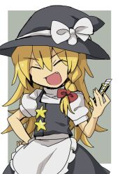Rule 34 | 1girl, apron, black hat, black skirt, black vest, blonde hair, bow, boxcutter, braid, closed eyes, cookie (touhou), cowboy shot, fang, flat chest, frilled apron, frills, grey background, hair between eyes, hair bow, hand on own hip, hat, hat bow, holding, holding boxcutter, kirisame marisa, long hair, nahori (hotbeans), open mouth, puffy short sleeves, puffy sleeves, red bow, shirt, short sleeves, side braid, single braid, skirt, skirt set, smile, solo, star (symbol), suzu (cookie), touhou, turtleneck, two-tone background, vest, waist apron, white apron, white background, white bow, white shirt, witch hat