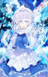 Rule 34 | 1girl, abstract background, apron, blue eyes, blue skirt, blue vest, bow, breasts, frilled skirt, frills, hand up, hat, ice, juliet sleeves, letty whiterock, light purple hair, long sleeves, looking at viewer, magic, medium breasts, medium hair, nuudoru, official art, open mouth, puffy sleeves, scarf, shirt, skirt, skirt set, smile, snow, solo, touhou, touhou cannonball, triangular headpiece, vest, waist apron, waist bow, wavy hair, white apron, white bow, white hat, white scarf, white shirt, winter