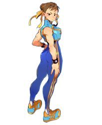 Rule 34 | 1girl, adidas, alternate costume, andrewcockroach, ass, bodysuit, breasts, brown eyes, brown hair, capcom, chun-li, double bun, from behind, full body, hair bun, hair ribbon, hand on own hip, highres, looking back, ribbon, shoes, short hair, skin tight, sleeveless, sleeveless bodysuit, sneakers, solo, standing, street fighter, street fighter zero (series), striped, studded bracelet, thick thighs, thighs, tsurime, vertical stripes, vest, white background