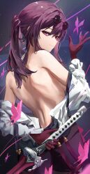 Rule 34 | 1girl, absurdres, arm behind back, bare back, bare shoulders, commentary, eyewear on head, gloves, hand up, highres, holding, holding sword, holding weapon, honkai: star rail, honkai (series), kafka (honkai: star rail), long hair, looking at viewer, off shoulder, ponytail, purple eyes, purple gloves, purple hair, shirt, smile, solo, sunglasses, sword, upper body, weapon, white shirt, yoru (yorumi)