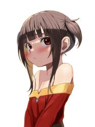 Rule 34 | 1girl, alternate hairstyle, bare shoulders, blush, breasts, collarbone, commentary request, dress, frown, highres, izawa (bhive003), kono subarashii sekai ni shukufuku wo!, looking at viewer, medium hair, megumin, off-shoulder dress, off shoulder, red dress, red eyes, simple background, small breasts, solo, twintails, twintails day, white background