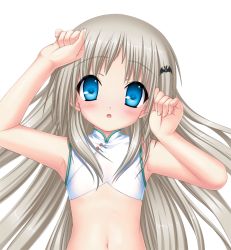 Rule 34 | 1girl, :o, bare shoulders, bat (animal), blonde hair, blue eyes, blush, chinese clothes, clenched hands, close-up, fang, flat chest, flower, game cg, hair ornament, hairpin, key (company), kud wafter, little busters!, long hair, midriff, na-ga, navel, noumi kudryavka, open mouth, simple background, sleeveless, solo, very long hair, white background