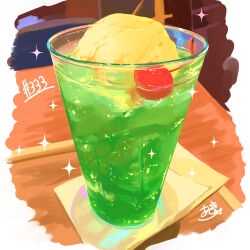 Rule 34 | absurdres, cherry, cup, drink, drinking glass, food, food focus, fruit, highres, ice cream, ice cream float, melon soda, napkin, no humans, original, table, takisou sou