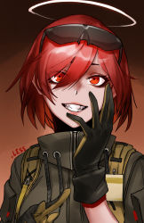 Rule 34 | 1girl, absurdres, arknights, artist name, exusiai (arknights), exusiai (wild operation) (arknights), eyelashes, eyes visible through hair, gloves, hair between eyes, halo, high collar, highres, less, looking at viewer, official alternate costume, red eyes, red hair, short hair, simple background, solo, teeth, v, watermark
