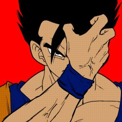 Rule 34 | black eyes, black hair, blue wristband, chankop, closed mouth, dougi, dragon ball, dragonball z, frown, halftone texture, highres, looking at viewer, male focus, muscular, muscular male, one eye covered, red background, simple background, son gohan, upper body, veins