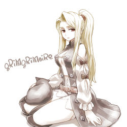 Rule 34 | 1girl, :o, amoretta virgine, animal, animal on lap, belt, blonde hair, boots, cat, cat on lap, chan co, copyright name, earrings, full body, grimgrimoire, jewelry, knee boots, long hair, on lap, ponytail, red eyes, simple background, sitting, solo, white background, yokozuwari