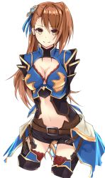 Rule 34 | 10s, 1girl, armor, arms behind back, beatrix (granblue fantasy), belt, blush, breasts, brown eyes, brown hair, cleavage, cleavage cutout, clothing cutout, granblue fantasy, hair ornament, highres, legs, long hair, looking at viewer, medium breasts, navel, ponytail, short shorts, shorts, shoulder armor, showgirl skirt, simple background, smile, solo, pauldrons, standing, thighhighs, thighs, white background, yellow eyes, yuchan, yutchin, zettai ryouiki