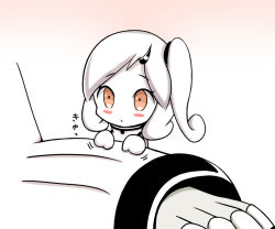 Rule 34 | 10s, 1girl, abyssal ship, blush stickers, claws, horns, kantai collection, mittens, northeastern ocean princess (roshiakouji-chan), orange eyes, original, pout, roshiakouji-chan, seaport water oni, side ponytail, single horn, size difference, solo focus, translation request