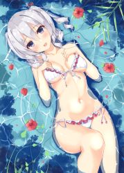 Rule 34 | 1girl, bare arms, bare legs, bare shoulders, bikini, blush, breasts, breasts apart, collarbone, day, flower, from above, front-tie bikini top, front-tie top, hair between eyes, hands on own chest, hatsu (first snow), head tilt, hibiscus, highres, kantai collection, kashima (kancolle), looking at viewer, lying, medium breasts, navel, on back, outdoors, partially submerged, purple eyes, red flower, side-tie bikini bottom, silver hair, smile, solo, stomach, swimsuit, two side up, water, white bikini