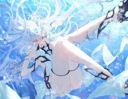Rule 34 | 1girl, air bubble, bubble, dragon horns, dragon wings, fate/grand order, fate (series), forked eyebrows, highres, horns, long hair, melusine (fate), melusine (swimsuit ruler) (fate), melusine (swimsuit ruler) (second ascension) (fate), ocean, one-piece swimsuit, one eye closed, swimsuit, uda (xax 057), underwater, white hair, white one-piece swimsuit, wings, yellow eyes