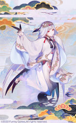 Rule 34 | 1girl, animal, bird, bird on hand, character request, cloud, earrings, food fantasy, highres, japanese clothes, jewelry, long hair, looking at viewer, mamusya, official art, red eyes, solo, white hair, white headwear