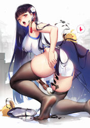 Rule 34 | 1girl, after masturbation, ass, azur lane, bare shoulders, black footwear, black hair, black thighhighs, blunt bangs, blush, breasts, calligraphy brush, china dress, chinese clothes, commentary request, covered erect nipples, dress, feet, female masturbation, flower, gradient hair, hair flower, hair ornament, heel up, large breasts, legs, long hair, looking at viewer, luode huayuan, manjuu (azur lane), mary janes, masturbation, multicolored hair, open mouth, paintbrush, phallic symbol, pussy juice, red eyes, saliva, shoes, unworn shoes, short dress, sitting, soles, thighhighs, tongue, tongue out, very long hair, white dress, white flower, yat sen (azur lane)