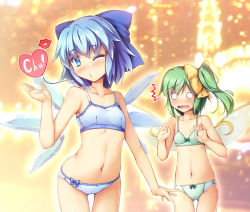 Rule 34 | 2girls, ^^^, backlighting, bare arms, bare shoulders, blue bow, blue bra, blue eyes, blue hair, blue panties, blurry, blurry background, blush, bow, bra, breasts, chima q, cirno, closed mouth, collarbone, cowboy shot, daiyousei, depth of field, detached wings, fairy, fairy wings, gluteal fold, green bra, green hair, green panties, hair bow, hand up, heart, highres, ice, ice wings, looking at viewer, multiple girls, navel, o o, one eye closed, panties, pouty lips, short hair, side ponytail, small breasts, stomach, surprised, sweat, touhou, underwear, underwear only, wings, yellow bow