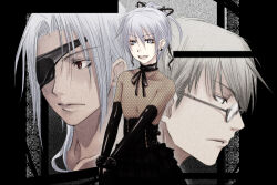 1girl 2boys alternate_costume axe_assa black_gloves black_ribbon black_skirt closed_mouth commentary_request elbow_gloves expressionless eyepatch fishnet_top fishnets glasses gloves grey_eyes looking_at_viewer lowres mr.romance multiple_boys neck_ribbon ragnarok_online red_eyes ribbon short_hair skirt smile upper_body white_hair whitemaria