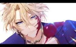 Rule 34 | 1boy, blonde hair, blood, blood on clothes, blood on face, blue eyes, highres, letterboxed, male focus, poseidon (shuumatsu no valkyrie), short hair, shuumatsu no valkyrie, simple background, sirofuku414, solo, white background