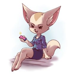 Rule 34 | 1girl, aggressive retsuko, animal ears, barefoot, black eyes, blue shirt, blue skirt, blush, breasts, cellphone, claws, cleavage, collarbone, feet, female focus, fenneko, fox ears, fox tail, full body, furry, furry female, hand up, happy, highres, holding, holding phone, looking at viewer, miniskirt, open mouth, pencil skirt, phone, plague of gripes, shirt, short sleeves, simple background, sitting, skirt, small breasts, smile, solo, tail, white background