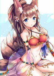 Rule 34 | 1girl, animal ears, armlet, bare shoulders, blue eyes, blush, bracelet, breasts, brown hair, collarbone, commentary request, detached sleeves, flower, fox ears, fox tail, hair flower, hair ornament, hand on own hip, highres, jewelry, long hair, looking at viewer, medium breasts, multiple tails, original, ponytail, sakura ani, see-through, sitting, solo, stomach, tail, very long hair