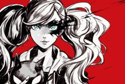 Rule 34 | 10s, 1girl, atlus, blue eyes, female focus, helmet, hungry clicker, mask, monochrome, persona, persona 5, red background, sega, solo, spot color, takamaki anne, twintails