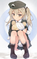 Rule 34 | 1girl, absurdres, bandages, beret, black footwear, black hat, black jacket, black necktie, black ribbon, black skirt, boots, brown eyes, closed mouth, commentary request, cross-laced footwear, dress shirt, emblem, eyes visible through hair, full body, girls und panzer, hair ribbon, hat, highres, holding, holding stuffed toy, jacket, japanese tankery league (emblem), lace-up boots, light brown hair, long hair, long sleeves, looking at viewer, military, military hat, military uniform, miniskirt, necktie, one side up, pizza (pizzania company), pleated skirt, ribbon, selection university (emblem), selection university military uniform, shimada arisu, shirt, skirt, smile, solo, squatting, stuffed animal, stuffed toy, teddy bear, uniform, white shirt