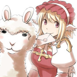 Rule 34 | 1girl, :3, alpaca, arch bishop (ragnarok online), blonde hair, bonnet, cleavage cutout, closed mouth, clothing cutout, commentary request, cross, dress, head wings, juliet sleeves, letter, long sleeves, looking at viewer, mouth hold, natsuya (kuttuki), pink eyes, poring, puffy sleeves, ragnarok online, red dress, short hair, simple background, smile, solo, two-tone dress, upper body, white background, white dress, white wings, wings