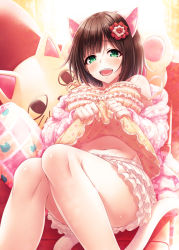 Rule 34 | 1girl, animal ears, bare shoulders, blush, breasts, brown hair, camisole, cardigan, cat ears, cat tail, clothes lift, fang, floral print, frilled shirt, frilled skirt, frills, green eyes, hair ornament, hasumi (hasubatake39), head tilt, highres, idolmaster, idolmaster cinderella girls, large breasts, looking at viewer, maekawa miku, miniskirt, navel, off shoulder, open cardigan, open clothes, open mouth, pillow, pink sweater, shirt, shirt lift, short hair, sitting, skirt, smile, solo, sweater, tail, thighs, white skirt, yellow camisole