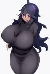 Rule 34 | 1girl, @ @, ahoge, alternate breast size, black hair, blush, breasts, creatures (company), curvy, diadem, dress, game freak, hair between eyes, hairband, hex maniac (pokemon), highres, huge breasts, hyuuman, long hair, navel, nintendo, plump, pokemon, pokemon xy, purple eyes, shiny clothes, shiny skin, simple background, skin tight, smile, solo, taut clothes, taut dress, thick thighs, thighs, very long hair, white background, wide hips