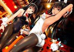 Rule 34 | 2girls, :d, animal ears, ano hito, arms up, ass, black hair, breasts, brown eyes, rabbit, detached collar, dutch angle, fake animal ears, flying, from below, glass, magic, medium breasts, multiple girls, open mouth, pantyhose, photo background, playboy bunny, rabbit ears, rabbit tail, small breasts, smile, standing, tail, tray, wrist cuffs