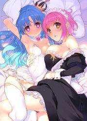 Rule 34 | 2girls, apron, armpits, bare shoulders, blue hair, blush, breast press, breasts, covered navel, crown, dress, heart, heart-shaped pupils, large breasts, long hair, looking at viewer, maid, maid apron, maid headdress, md5 mismatch, mini crown, multiple girls, off shoulder, original, panties, pink hair, red eyes, short hair, small breasts, smile, strapless, strapless dress, symbol-shaped pupils, tatami to hinoki, tears, thighhighs, underwear, white legwear, white panties