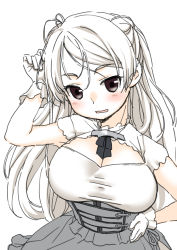 Rule 34 | 1girl, black neckwear, blush, breasts, cleavage, conte di cavour (kancolle), conte di cavour nuovo (kancolle), dress, gloves, hand on own hip, harukaze unipo, kantai collection, large breasts, long hair, looking at viewer, parted lips, short sleeves, simple background, solo, upper body, white background, white gloves, white hair