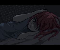 1girl commentary crying crying_with_eyes_open dark dutch_angle english_commentary grey_shirt hair_spread_out hands_on_own_head highres letterboxed long_hair lying on_side original panicking red_eyes red_hair shirt solo tears tofumang turn_pale twitter_username upper_body