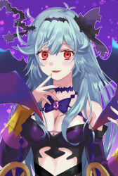 Rule 34 | 1girl, black ribbon, blue hair, blush, breasts, chaos aurora (grimms notes), cleavage, detached sleeves, grimms notes, hair ribbon, highres, large breasts, light blue hair, long hair, looking at viewer, messy hair, midriff, purple background, purple ribbon, red eyes, ribbon, smile, solo, thorns, wheel, yonohisa