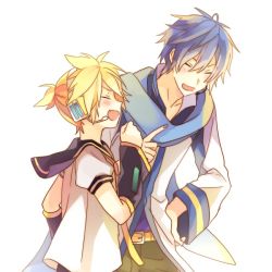 Rule 34 | 2boys, akiyoshi (tama-pete), belt, blonde hair, blue coat, blue hair, blue scarf, blush, closed eyes, coat, hand on own hip, happy, kagamine len, kaito (vocaloid), kerchief, male focus, microphone, multiple boys, open mouth, pants, scarf, shirt, short hair, simple background, smile, vocaloid, white background, white coat, white shirt