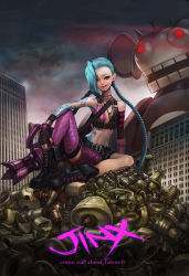Rule 34 | 1girl, bare shoulders, blue hair, boots, braid, city, fingerless gloves, gd choco, gloves, hairline, highres, jewelry, jinx (league of legends), league of legends, long hair, necklace, purple eyes, riot games, robot, sitting, smile, solo, tattoo, twin braids, very long hair, weapon, wreckage