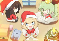 Rule 34 | 10s, 3girls, aged down, alternate costume, anchovy (girls und panzer), blonde hair, blue eyes, bow, box, brown eyes, brown hair, candy, chibi, christmas, christmas tree, commentary, dated, drill hair, eating, fang, food, from above, gift, gift box, girls und panzer, green hair, hair bow, hat, in container, in sack, jinguu (4839ms), katyusha (girls und panzer), lollipop, long hair, looking at viewer, looking up, mika (girls und panzer), military, military vehicle, motor vehicle, multiple girls, party hat, sack, santa costume, santa hat, short hair, sitting, smile, tank, twin drills, twitter username, wooden floor