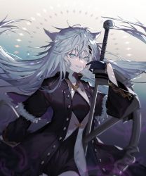 Rule 34 | 1girl, animal ears, arknights, arm up, black gloves, black jacket, buttons, collar, collarbone, collared jacket, commentary request, fur, fur trim, gloves, gradient background, grey background, grey eyes, hair between eyes, hair ornament, hairclip, highres, holding, holding sword, holding weapon, jacket, lappland (arknights), lappland (refined horrormare) (arknights), long hair, long sleeves, looking at viewer, official alternate costume, parted lips, scar, scar across eye, scar on face, silver hair, simple background, smile, solo, sword, tobunchudoku, upper body, weapon, wide sleeves, wolf ears