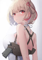 Rule 34 | 1girl, bare shoulders, blush, breasts, commentary request, from behind, grey background, gun, handgun, highres, holster, holstered, light brown hair, looking at viewer, looking back, lycoris recoil, medium breasts, nishikigi chisato, parted lips, red eyes, shirt, solo, sweat, tatapopo, upper body, weapon, white background, white shirt